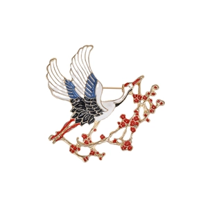 Elegant Chinese crane brooch with enamel plum blossoms on gold-plated alloy
