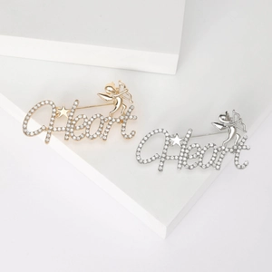 Fashion Alloy Rhinestone Heart Letter Brooch With Angel Cupid Design Romantic Gold Silver Inlaid Pin For Women Apparel Jewelry