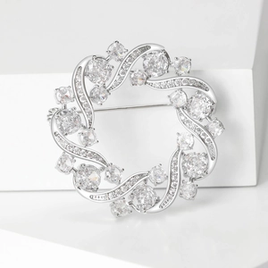 Elegant olive branch zircon wreath brooch in silver finish for evening dresses