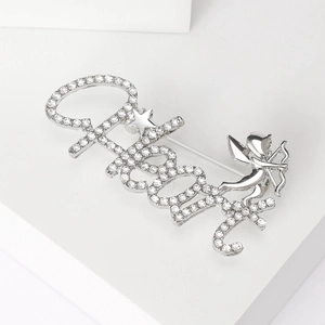Silver PIKACHU letter brooch with sparkling rhinestones and Cupid angel decoration
