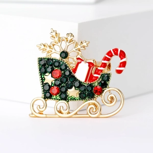 Christmas Sled Brooch Alloy Rhinestone Enamel Sleigh Pin With Snowflake Candy Cane For Festival Holiday Jewelry Gift Women Men