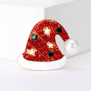 Christmas Hat Brooch Alloy Red Rhinestone Enamel Pin With White Faux Artificial Pearl Star Festive Holiday Jewelry For Women Gift