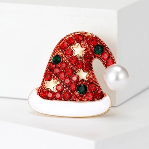 Fashion Christmas hat brooch with red rhinestones and pearl accent on white stand