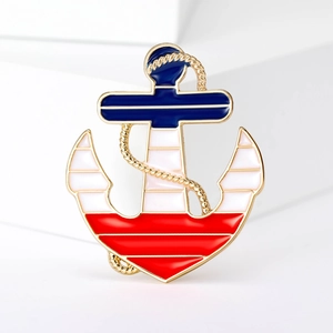 Spilla in Smalto Nautica ad Ancora per Uomo Donna Placcata Oro Blu Navy Rosso Bianco a Strisce Distintivo Gioiello Moda Accessorio per Abiti