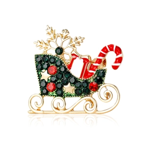 Exquisite Christmas carriage brooch with green rhinestones and festive gift box charms