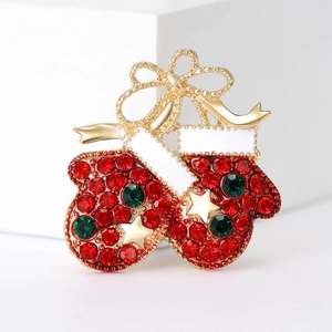 Christmas Red Gloves Brooch For Women Alloy Rhinestone Enamel Bow Star Pin Festive Jewelry Suit Dress Apparel Accessory