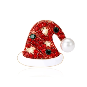 Creative Christmas hat brooch with red rhinestones and white pearl on a gold base