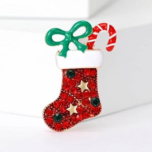 Broche Chaussette de Noël Festive Strass Émail Épinglette de Noël pour Femmes Cadeau de Fête Bijoux en Alliage d'Or