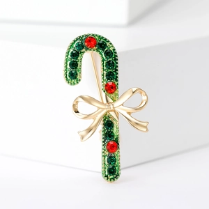 Vintage Alloy Rhinestone Christmas Candy Cane Brooch With Bow Gold Red Green Color Festive Party Jewelry Pins For Women