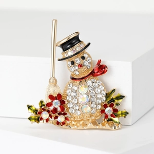 Exquisite goldene Schneemann-Brosche mit funkelnden Kristallen, schwarzem Hut und Schal