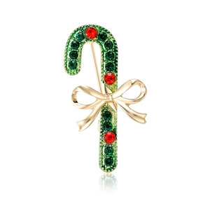 Creative Christmas candy cane brooch pin with red and green rhinestones on gold base