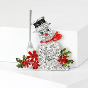 Süße Weihnachts-Schneemann-Brosche mit weißen Strasssteinen und rotem Emaille-Schal