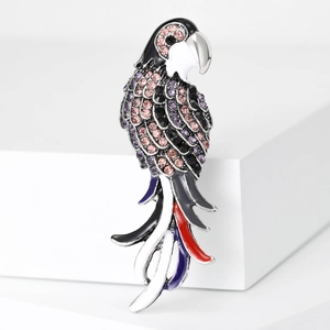 Broche perroquet exquise avec strass roses et plumes en émail colorées élégantes