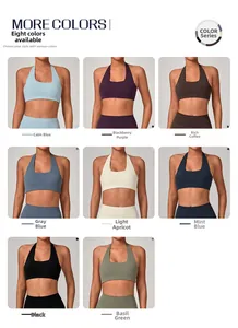 Dettaglio dei reggiseni sportivi allacciati al collo elastici in otto diversi colori