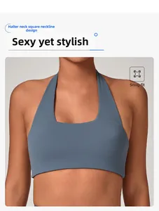 Dettaglio del reggiseno sportivo blu-grigio con scollo all'americana per lo yoga