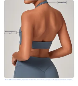 Dettaglio del design a V sulla schiena e imbottiture rimovibili di questo reggiseno blu