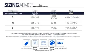Size chart for backless yoga bodysuit detailing height weight and cup measurements