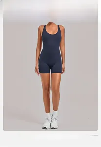 Detail of navy blue backless yoga jumpsuit with racerback and high elasticity