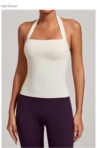 Détail du gilet de yoga dos nu abricot clair avec haute élasticité et soutien