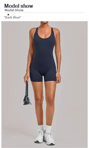 Detail view of navy blue athletic romper with cross back design for yoga and fitness training