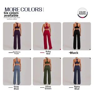 Collage van racerback sportbeha's en uitlopende leggings in zes sportieve kleuren