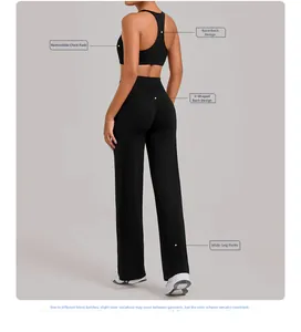 Detail van racerback sportbeha en V-snit legging met wijde pijpen in het zwart