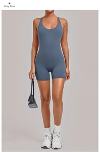 Close-up of grey blue yoga bodysuit featuring U-neck design and high-stretch fabric details