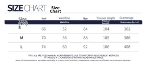 Maattabel voor yogaset met buste-, taille- en heupafmetingen in centimeters