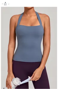 Débardeur de sport dos nu bleu gris avec col plat idéal pour le yoga et le fitness