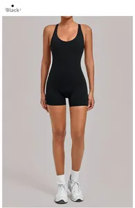 Close-up of black slimming fitness romper with high-elastic fabric and racerback neckline