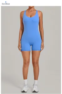 Detail of ice blue ribbed yoga romper with racerback design for fitness training