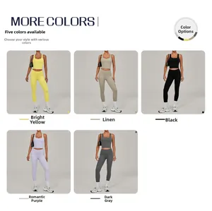 Detail showcasing high waist yoga sets in five colors including yellow, purple and grey