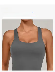 Close-up of U-neck dark grey yoga top showing seamless fabric and snug fit design