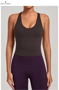 Débardeur de yoga extensible à col en U pour femmes, couleur café foncé, vue de face