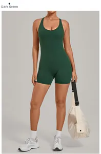 Detail of dark green backless yoga bodysuit featuring professional moisture-wicking fabric