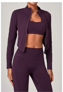 Détails de l'ensemble de yoga violet avec veste à col montant et soutien-gorge de sport