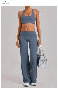 Dames sport-bh met racerback en grijsblauwe yoga-broek met hoge taille en wijde pijpen
