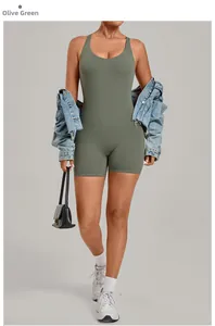Detail of cyan green yoga romper with a U-neck design and high-stretch breathable fabric