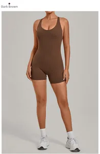 Detail of dark brown backless yoga bodysuit with cross strap design for fitness