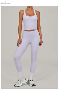 Detail of high-waist romantic purple yoga set featuring a U-neck sports bra and leggings
