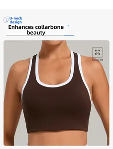 Detail of U-neck sports bra with contrast trim and flattering collarbone highlight