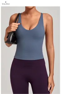 Vue latérale du débardeur de yoga bleu gris avec bretelles croisées et legging sport