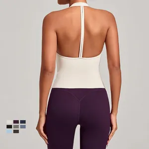 Soutien-gorge de Sport Dos Nu Col en V Femme Rembourré Nylon Élasthanne Gilet de Yoga Séchage Rapide Coupe Ajustée Top de Fitness