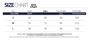 Tableau des tailles pour leggings de yoga avec mesures de taille et hanches en S, M, L