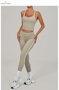 Detail of linen color yoga set featuring white side stripes on high waist leggings