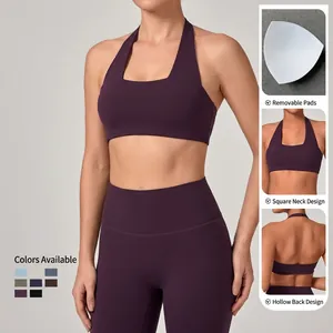 Set reggiseno sportivo con scollo quadrato e leggings viola scuro con schiena scoperta per yoga