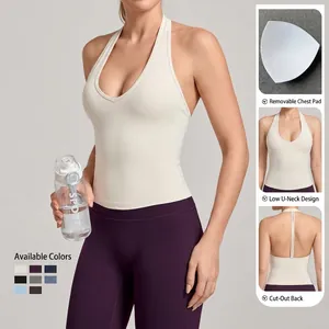Débardeur de yoga dos nu à col en V pour femme avec coussinets amovibles et coloris variés
