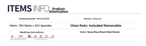 Detail view of nylon spandex fabric specs and removable padding for yoga sets