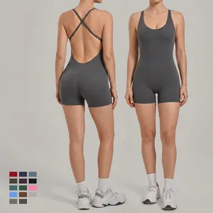 Women Nylon Spandex One-Piece Yoga Jumpsuit Cross Back Sleeveless Hip Lift Slim Fit Sports Romper For Fitness Running Workout