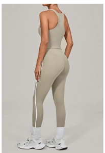 Detailed back view of high-waisted yoga leggings with V-shaped waistband and side stripes